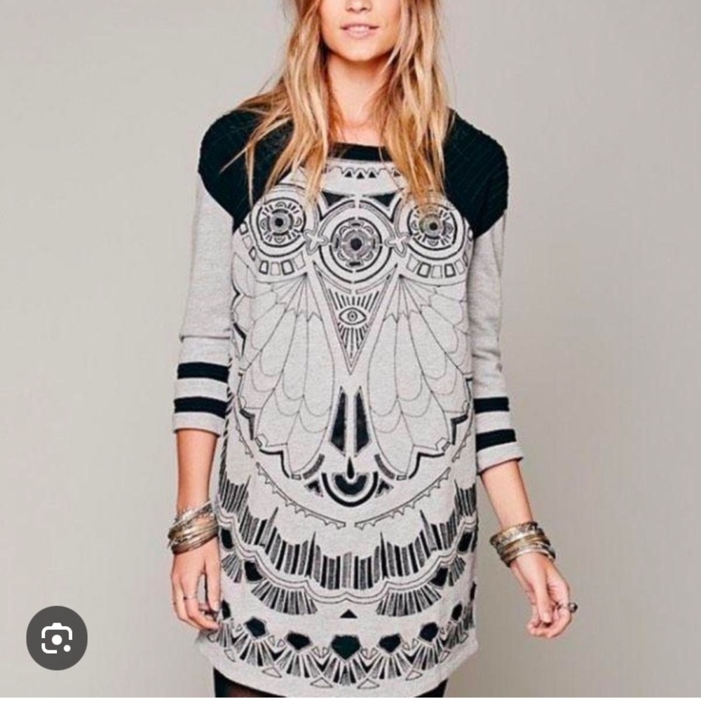 Rare Free People New Romantics Third Eye Dress XS S M Gray & Black Boho Owl
